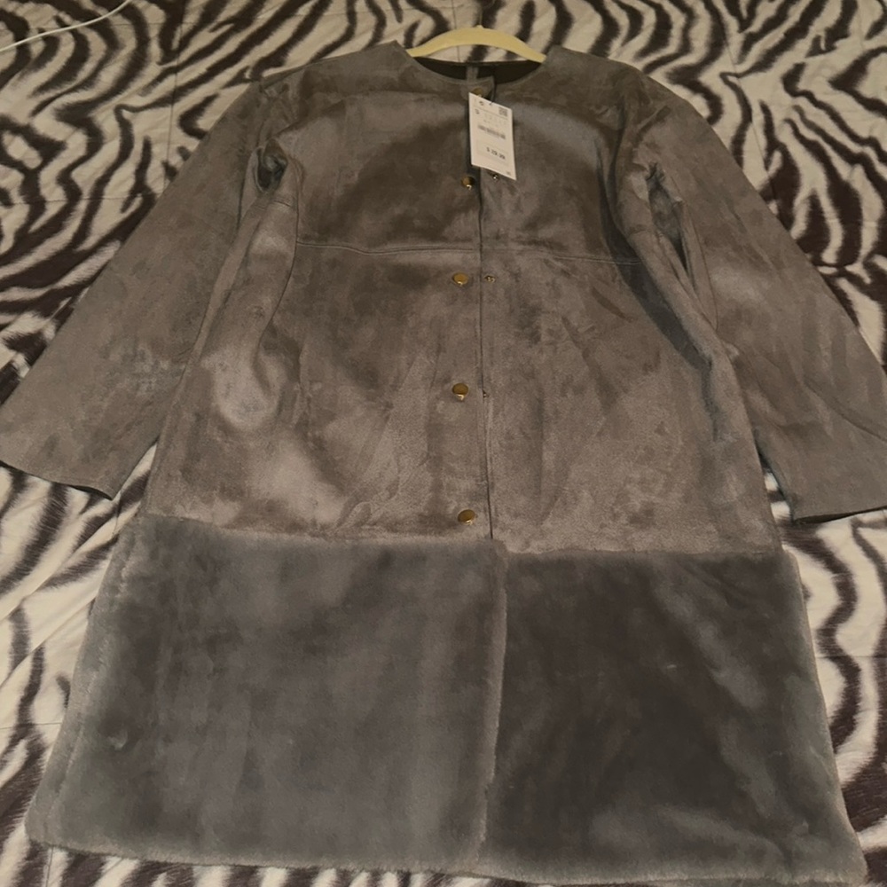 Zara suede gray coat with faux fur at the bottom, size S